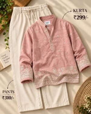 Men’s Pink Printed Kurta with Cream Pants Set
