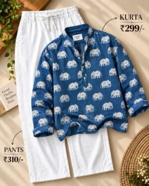 Men’s Blue Elephant Printed Kurta with White Pants Set