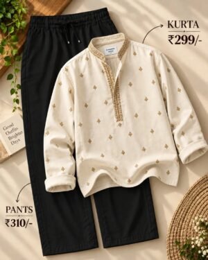 Men’s Cream Printed Kurta with Black Pants Set