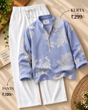 Men’s Sky Blue Floral Printed Kurta with White Pants Set