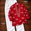 Red Embroidered Elephant Print Kurta with White Cotton Pants Set for men
