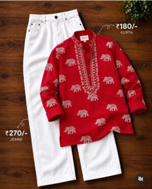 Red Embroidered Elephant Print Kurta with White Cotton Pants Set for men