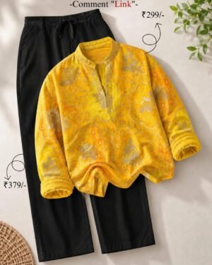 Mustard Yellow Printed Kurta with Black Straight Pants Set for men