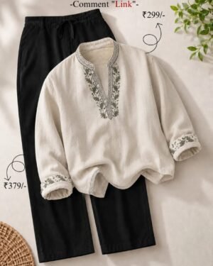 Men’s Cream Embroidered Kurta with Black Pants Set – Elegant Ethnic Wear