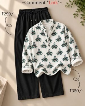 Men’s White Printed Kurta with Black Pants Set