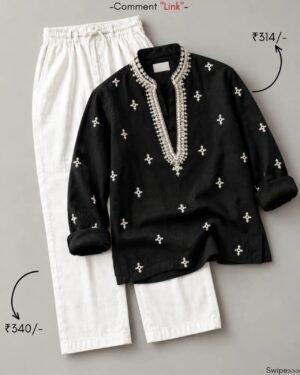 Men’s Black Embroidered Kurta with White Pants Set