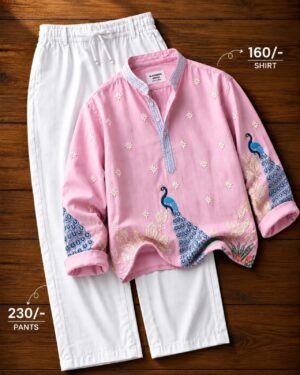 Men’s Pink Peacock Print Kurta Shirt with White Pants Set – Stylish Ethnic Wear