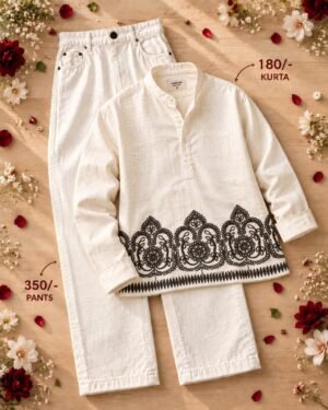 Men’s White Embroidered Kurta with White Pants Set – Elegant Ethnic Wear