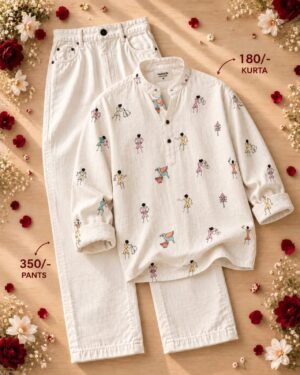 Men’s White Printed Kurta with White Pants Set – Stylish Ethnic Wear
