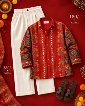 Men’s Red Printed Kurta with White Pajama Set – Festive Ethnic Wear