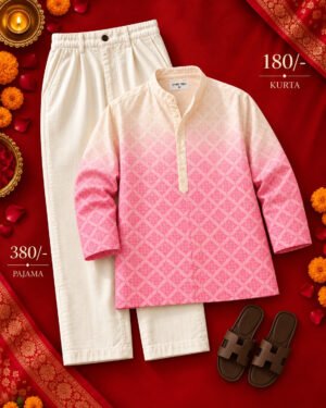 Men’s Pink Printed Kurta with White Pajama Set – Festive Ethnic Wear