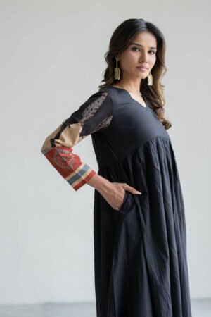 V Neck Flared Kurta - Black - Image 4