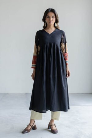 V Neck Flared Kurta - Black - Image 3