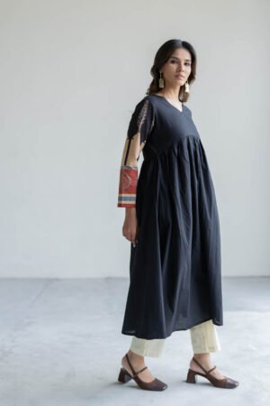 V Neck Flared Kurta - Black - Image 6