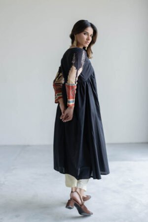V Neck Flared Kurta - Black - Image 5