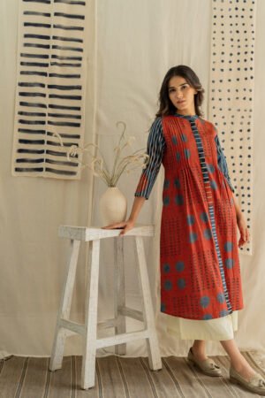 Pintuck Kurta - Playful Geometry Red - Image 9