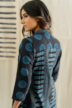 Pintuck Kurta - Black & Indigo Piano Stripes - Image 3