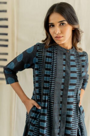 Pintuck Kurta - Black & Indigo Piano Stripes - Image 6