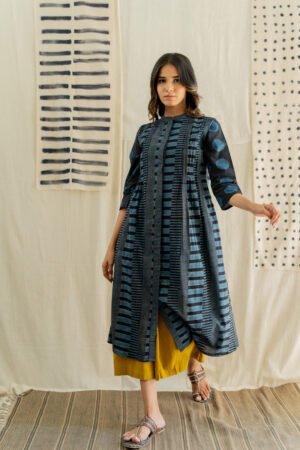 Pintuck Kurta - Black & Indigo Piano Stripes - Image 4