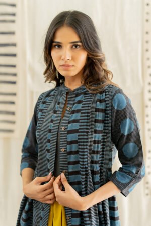 Alternative view of Pintuck Kurta - Black & Indigo Piano Stripes